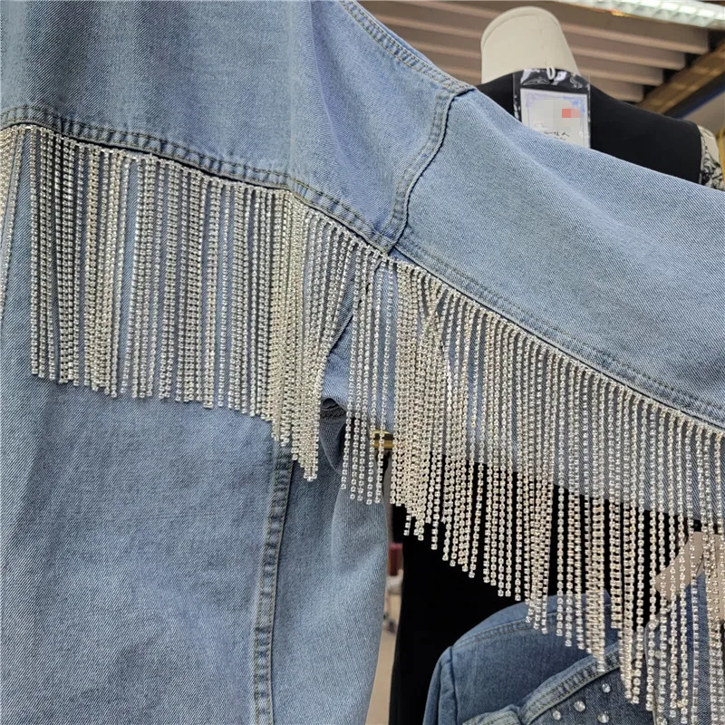 Women Spring Diamonds Beads Tassels Denim Coat Rhinestones Fringed Loose Jeans Jacket Crystal Cowboy Bomber Cardigan 2024