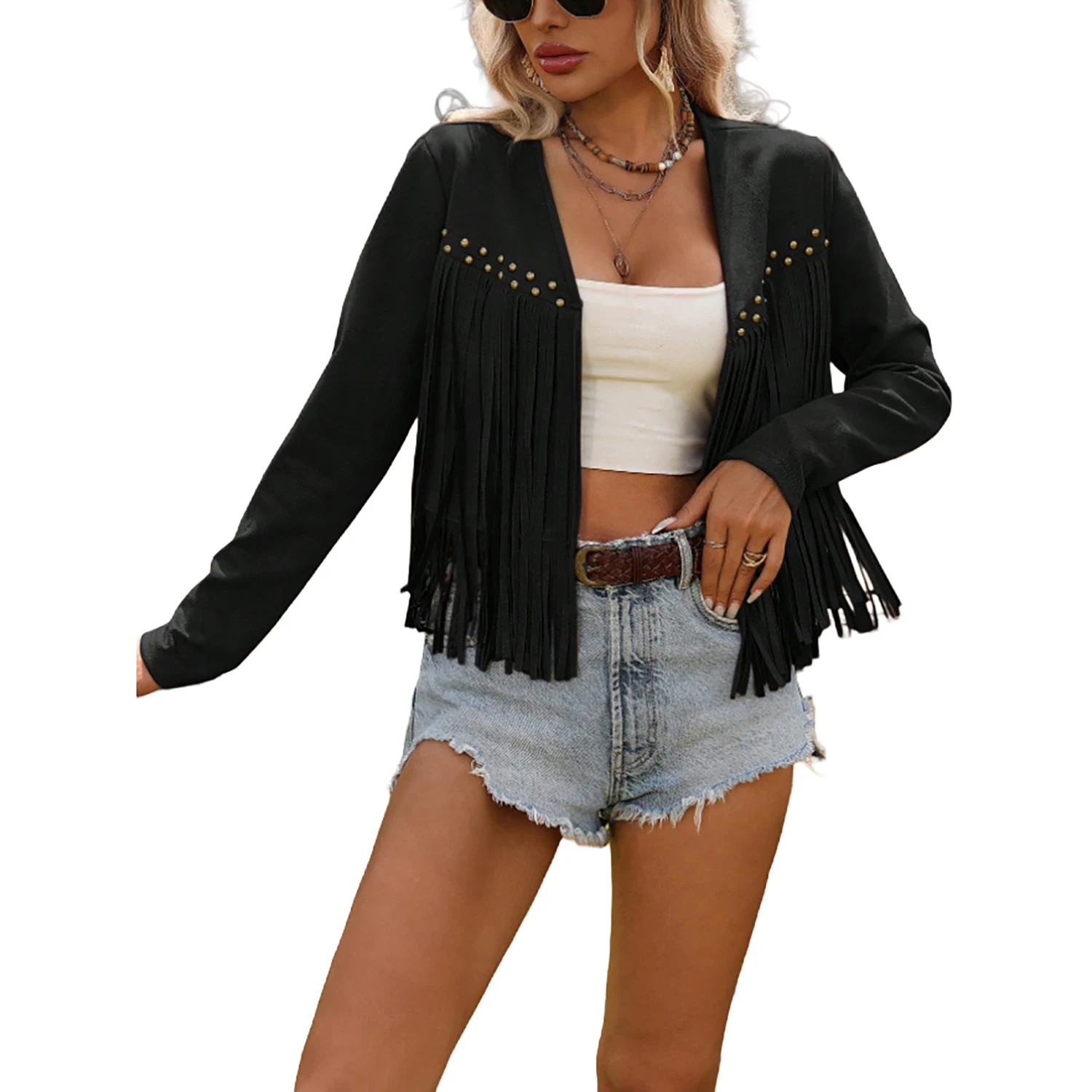 

Women's Fringed Faux Suede Jacket Studded Tassel Bohemian Style Coat Fashion Long Sleeve Hippie Outerwear Coat Y2K Outwear