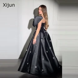 Xijun Black Gogerous Satin Evening Dresses Saudi Arabric Formal Prom Dresses One Shoulder Beads Sequined Prom Gowns For Women