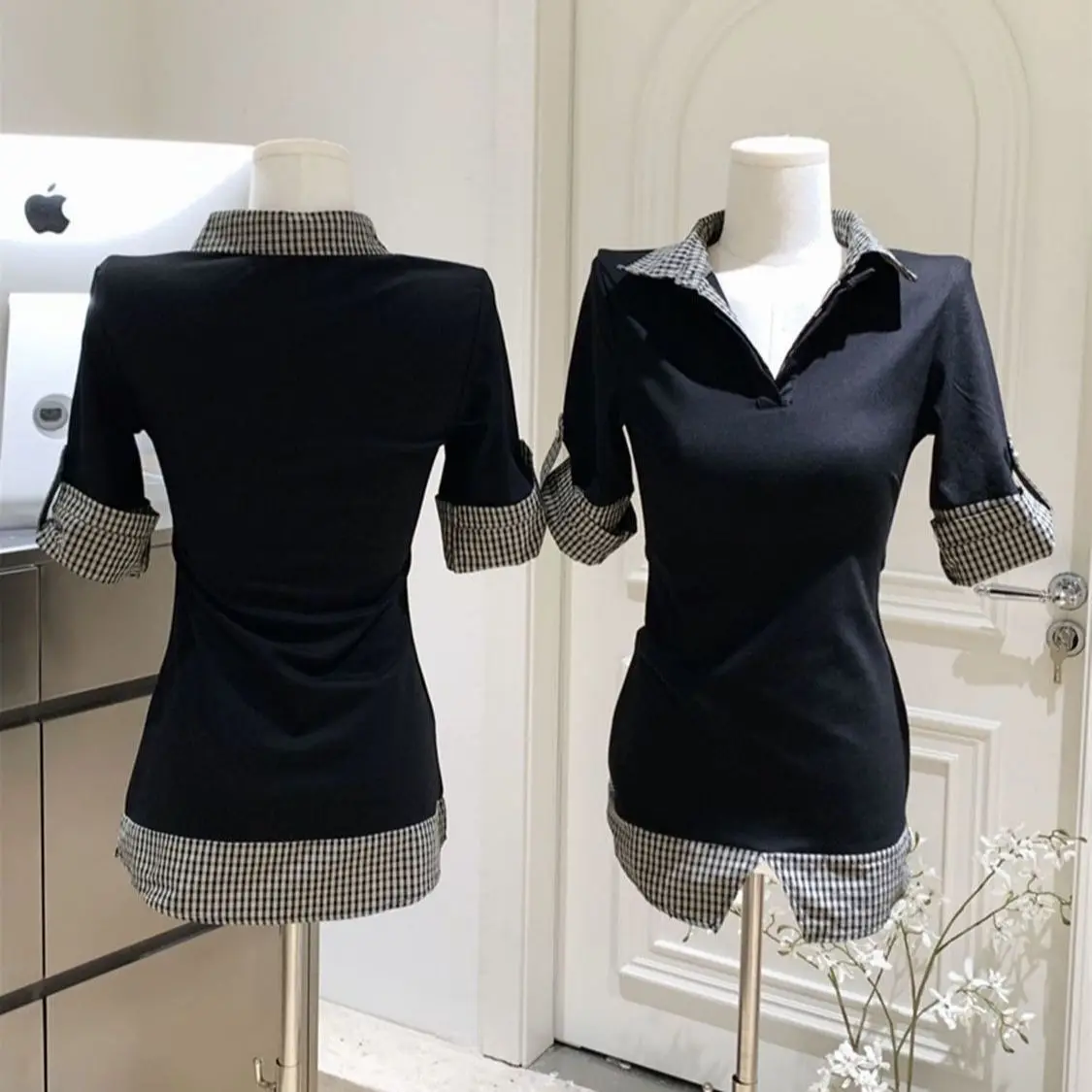 Summer Women's New Contrasting Color Temperament Thin College Style Lazy Plaid Splicing Lapel Short-sleeved T-shirt
