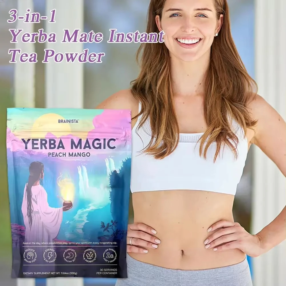 Yerba Mate Tea Instant Powder Super Drink with Prebiotics Probiotics Clean Energy, Mental Clarity Gut Wellness Peach 30 Servings