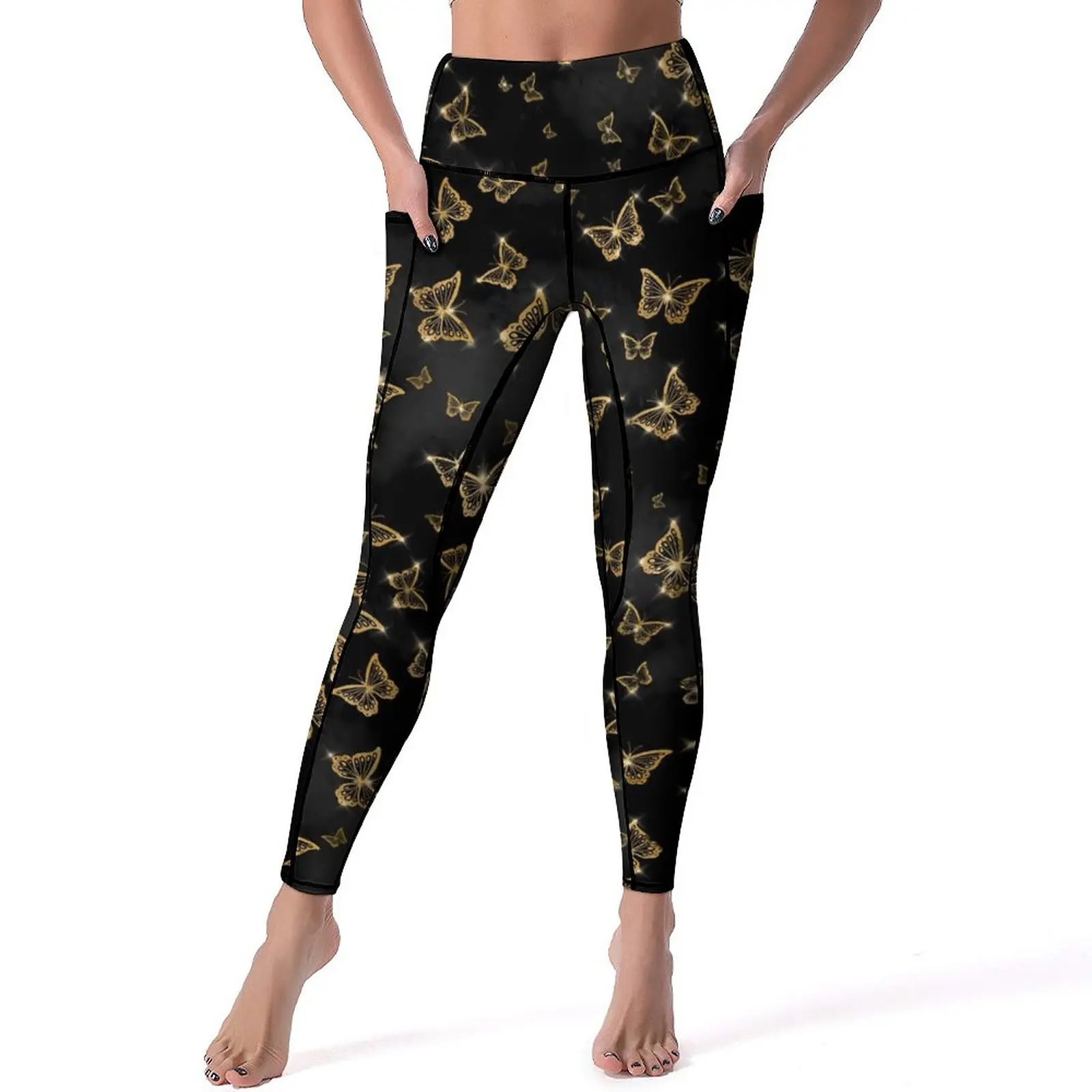 Butterfly Leggings Gold and Black Fitness Yoga Pants High Waist Casual Leggins Elastic Graphic Sports Tights XL XXL