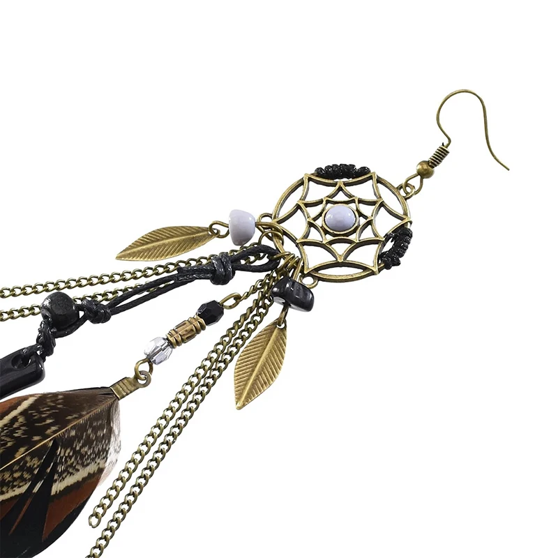 Boho Ethnic Dream Catcher Feather Antique Long Hook Earrings Fancy Handmade Chain Tassle Earring For Women Jewelry