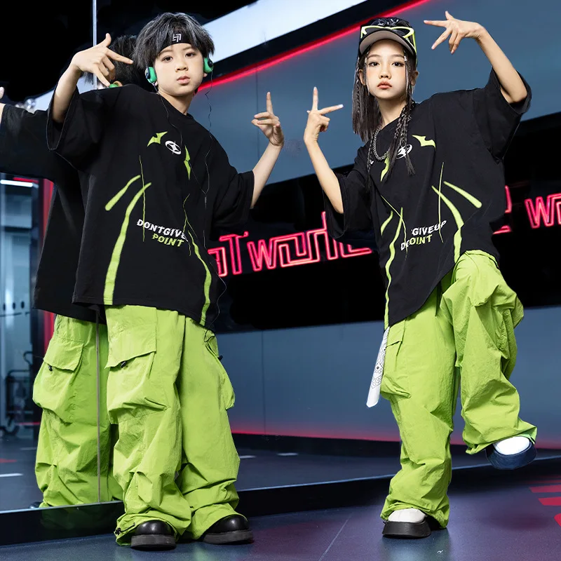 Green Black Kids Stree Dance Costume Girls Jazz Hip Hop Performance Suit Boys Oversize T-Shirt Cargo Pants K-Pop Stage Wear 1109