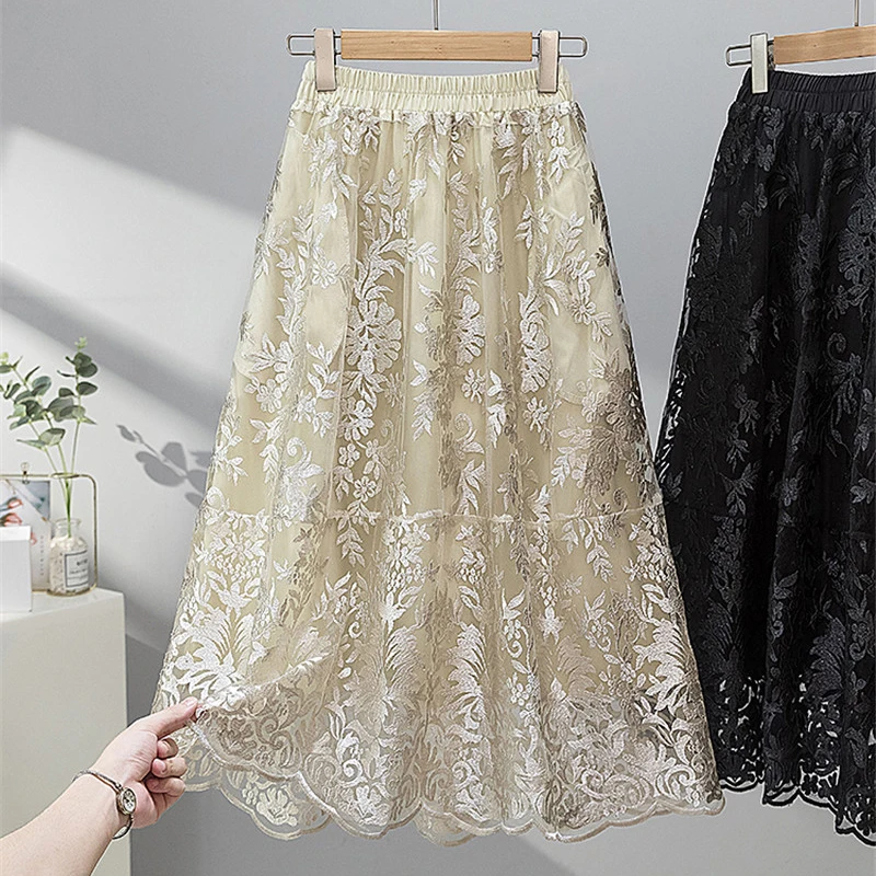 

Летняя кружевная юбка-миди с вышивкой, женская мягкая большая распашная эластичная талия, сетчатые юбки трапециевидной формы, двухслойная