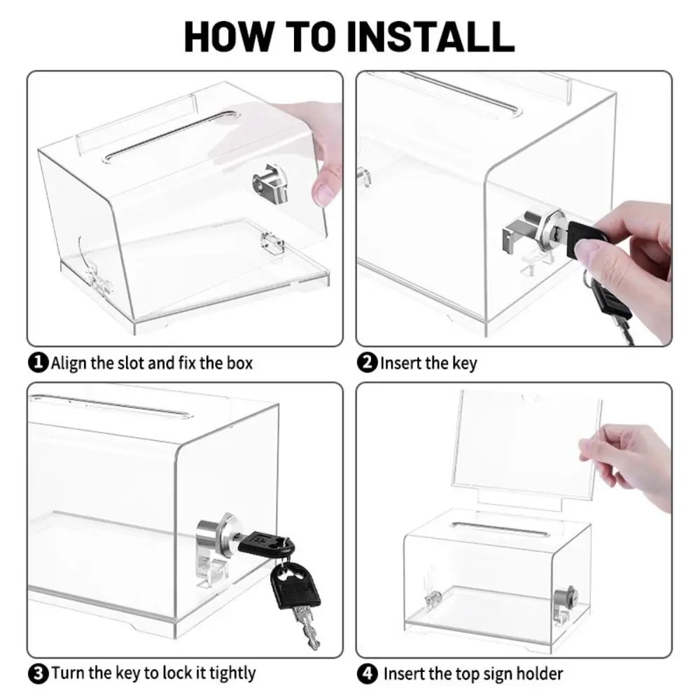 مع قفل صندوق التبرع الأكريليك حامل علامة صندوق الاقتراع المحمول الشفاف واضح التصويت صندوق اقتراحات الخيرية التصويت #4