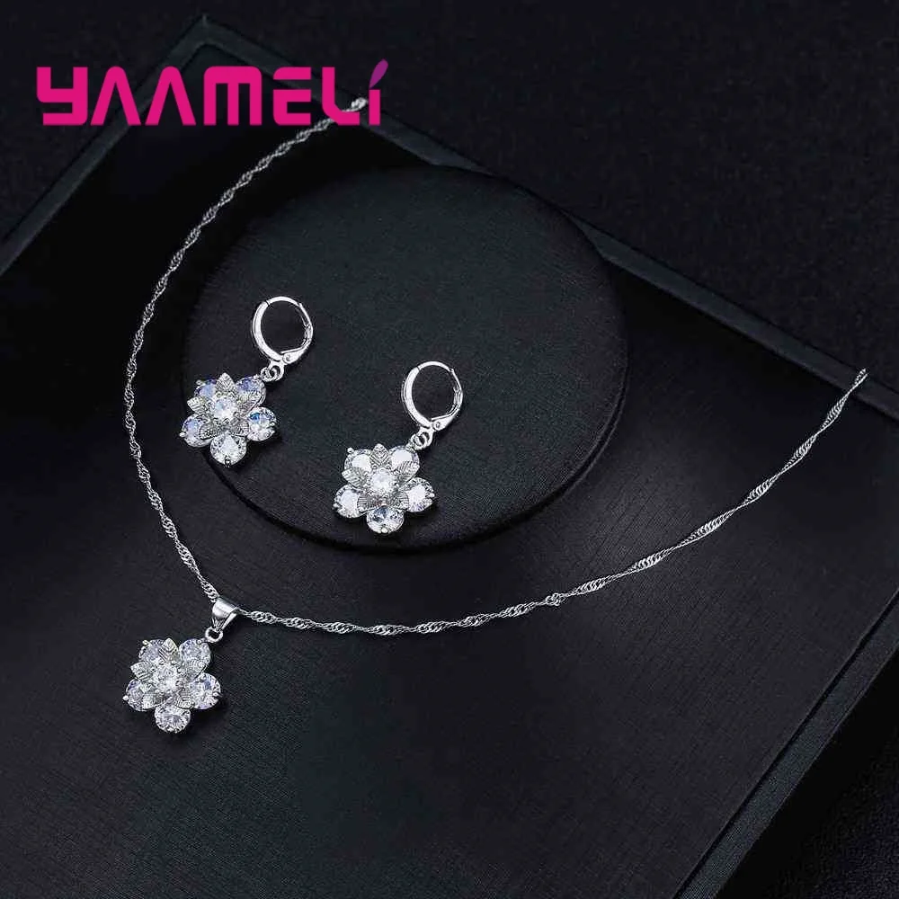 Popular Stylish Jewellery Flowers With Leaves Leaf Women Wedding Party Silver Color Jewelry Sets Paved 3A Zirocon