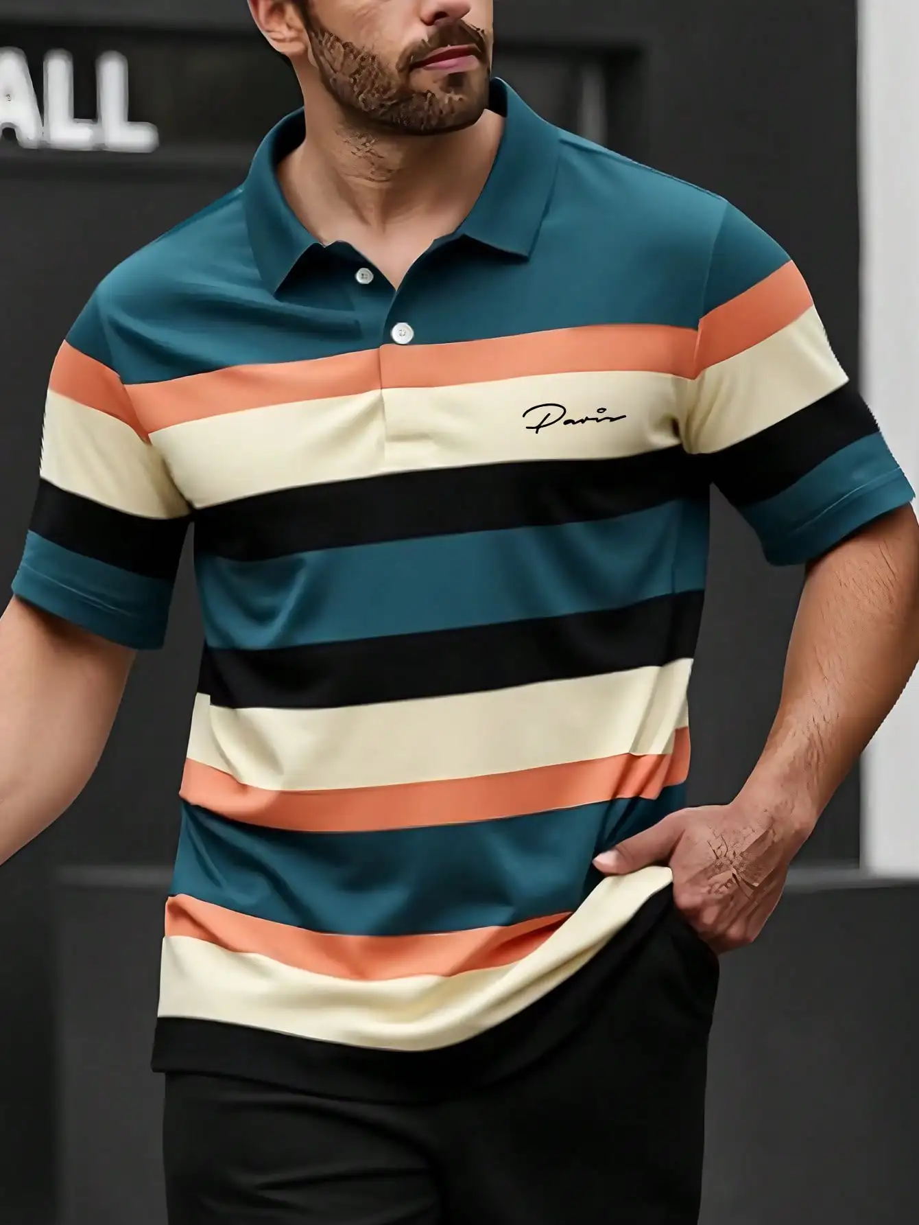 

Men's Short Sleeve Striped Casual Polo Shirt with Embroidered Script Logo