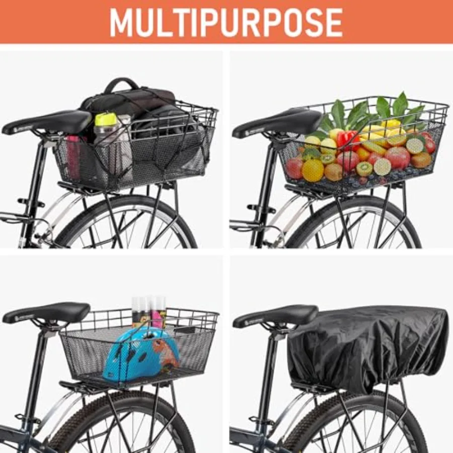 Rear Bike Basket - Large Bicycle Rear Basket with Cargo Net and Waterproof Cover, Wire Bike Baskets Rear Large Capacity NO Bike view 4