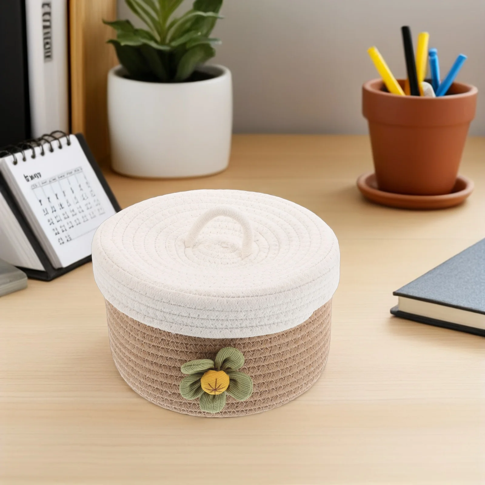 

2Pcs Cotton Rope Basket Woven Round Storage Basket Lidded Organizer 21x13cm Small Storage Container for Clothes Essentials