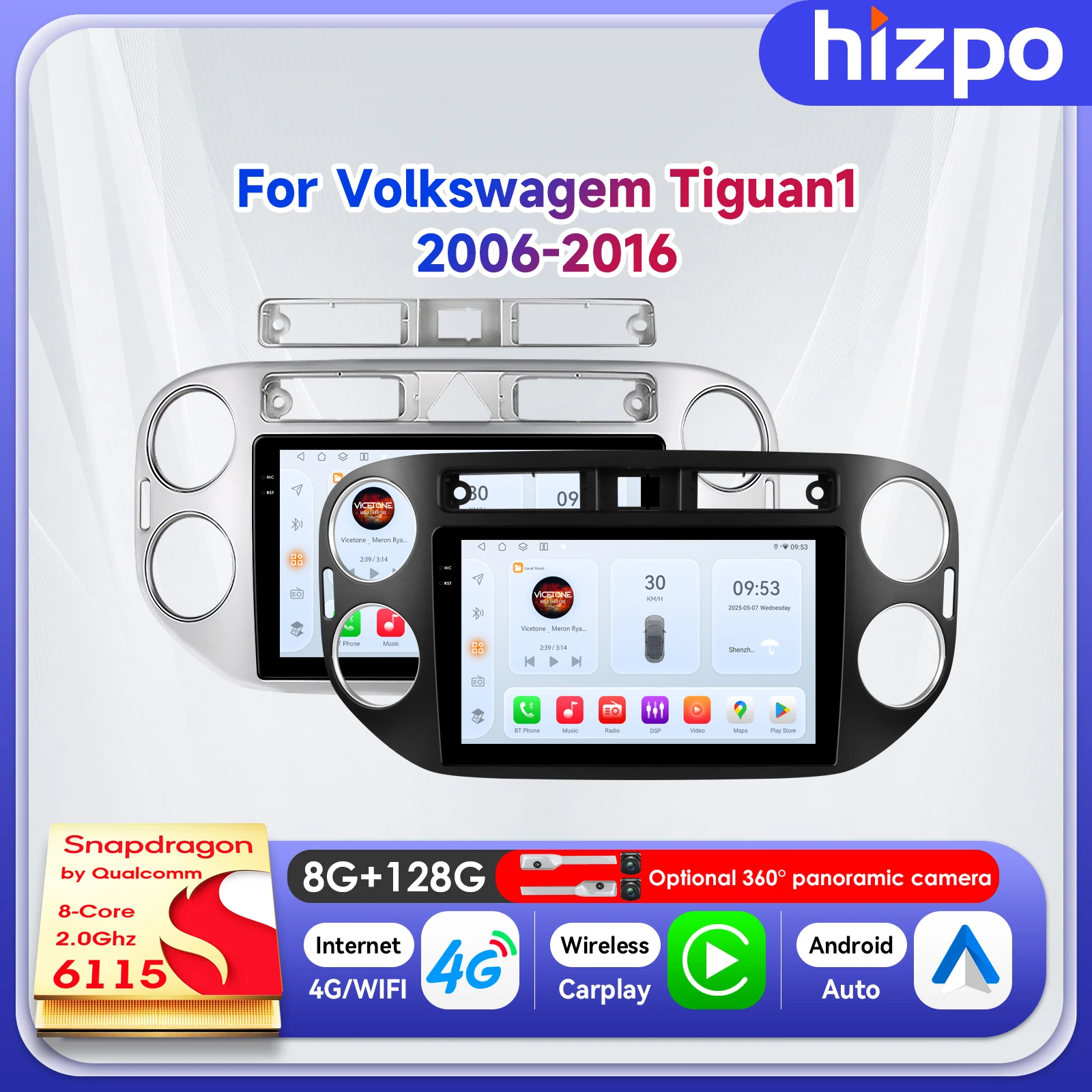 

Hizpo 9-дюймовый QLED-экран с ИИ-голосовым управлением для Volkswagen Tiguan 1 2006-2016: Умный монитор с Carplay, Android Auto, GPS, 4G