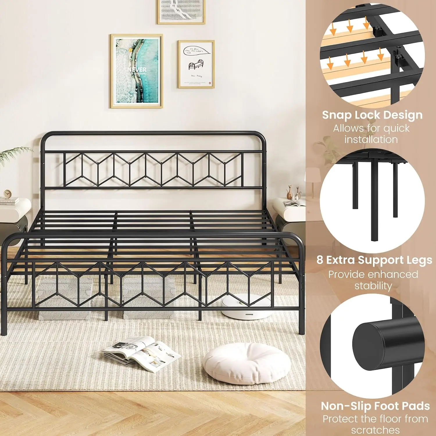 Victorian Metal Platform Bed Frame with Headboard & Footboard, Heavy Duty Slats, Under Storage, No Box Spring, King, Customized