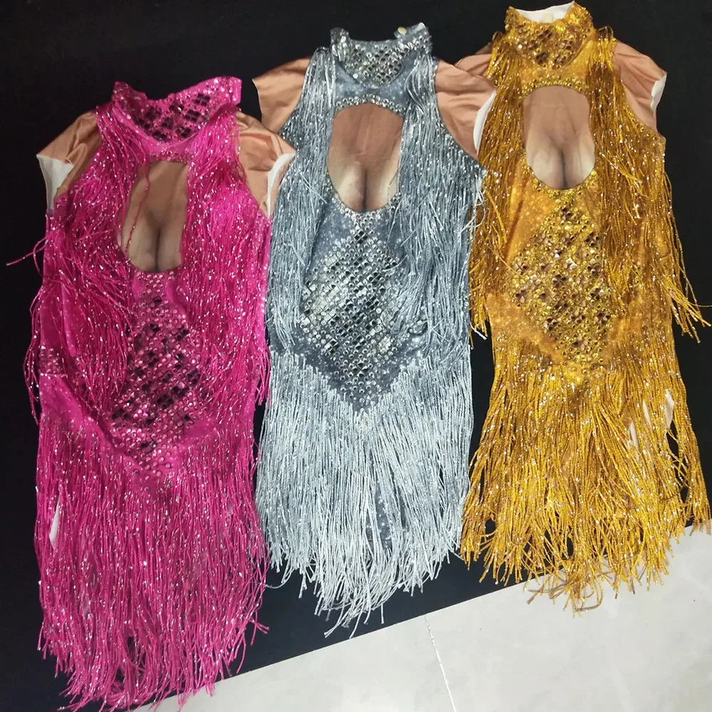 

Women Dance Team Sexy Sleeveless Rhinestones Tassel Bodysuit Nightclub Bar Stage Wear Dancer Fringe Leotard Performance Costume