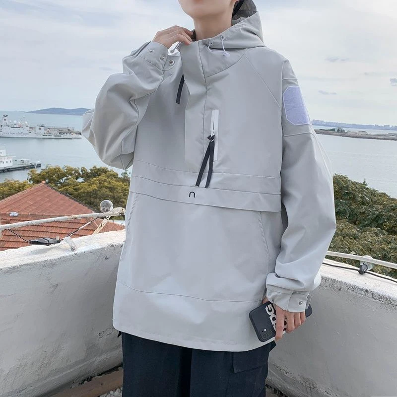 

Autumn Men Hooded Long Sleeve Sweatshirt Oversized Tooling Harajuku Casual Sports Clothing Punk Streetwear Tops White Black Grey