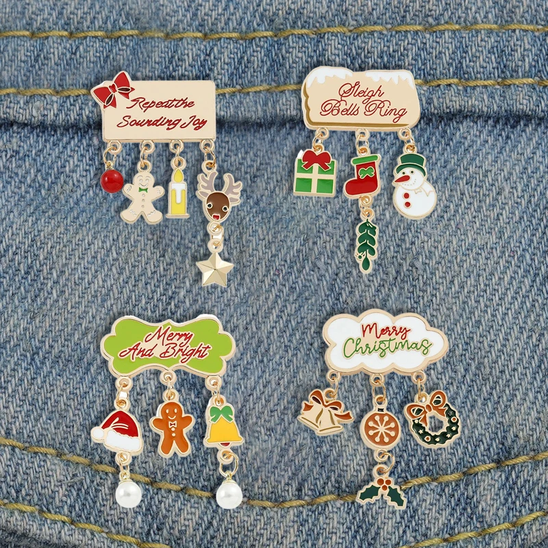 Cross border hot selling Christmas themed metal brooch, Christmas tree bell, gingerbread man pendant wholesale