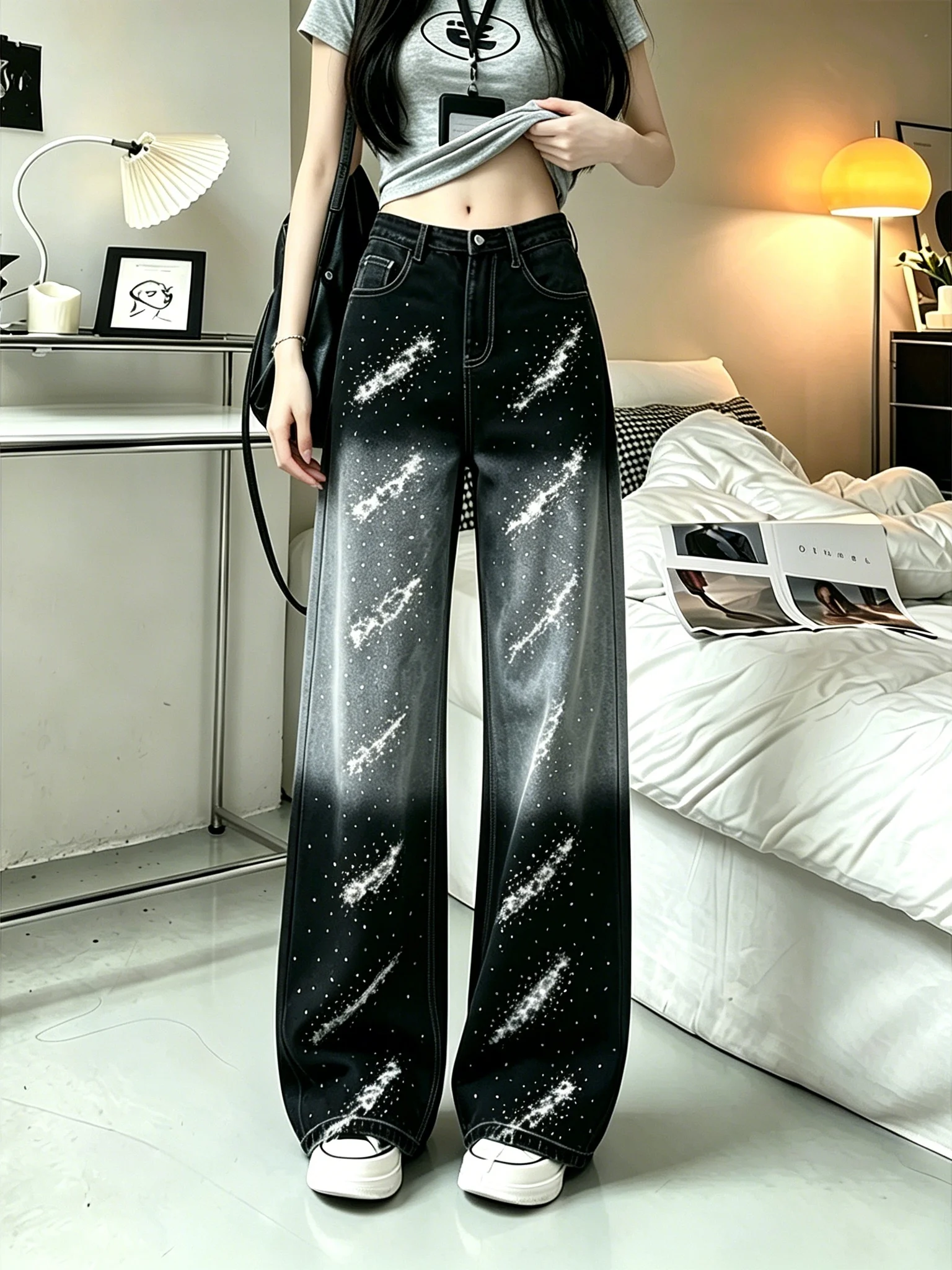 Black Sequin Denim Pants Women's Summer Fashion Wide Leg Casual Versatile New Style Design Sensation 2026 Trendy Long Trousers