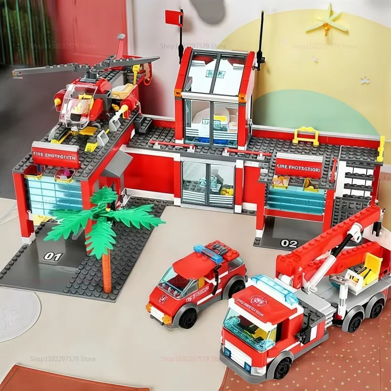 مدينة محطة إطفاء 758 قطعة اللبنات شاحنة مجسمة طائرات هليكوبتر رجال الاطفاء Moc الطوب مدينة ألعاب تعليمية للأطفال الهدايا