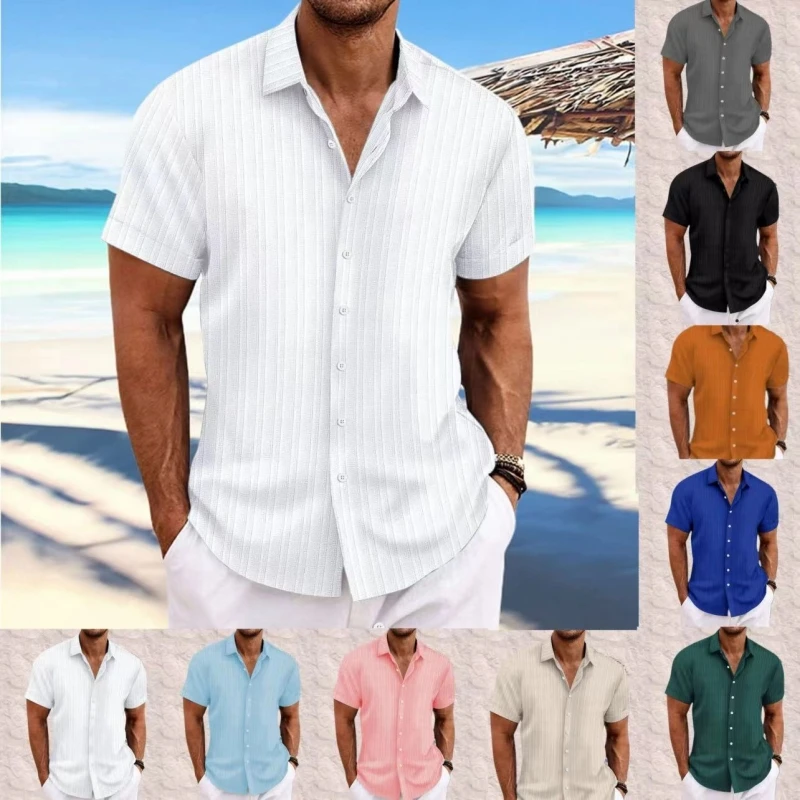 Summer New Men\'s Cotton And Linen Striped Jacquard Shirt Casual Comfortable  Short-Sleeved Shirt Solid color fashion short