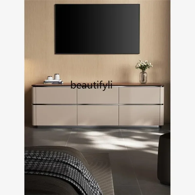 

CC Italian minimalist TV cabinet Locker Living room floor light luxury walnut solid wood TV cabinet53