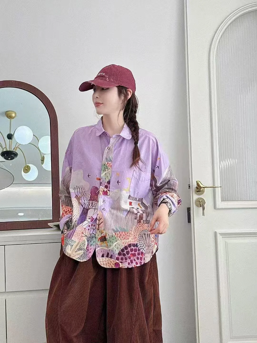 

2026 Pure Cotton Large Size Shirts Blouses for Women Autumn Spring Harajuku Fashion Pink Blue White Cartoon Print Oversized Shir