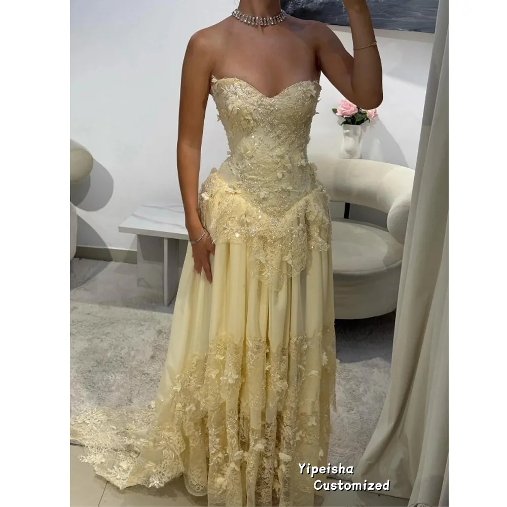 فستان حفلة موسيقية مطرز بالترتر الأصفر مخصص بدون حمالات بدون ظهر فيستدوس دي نوش بطول الأرض للسهرات الرسمية #5