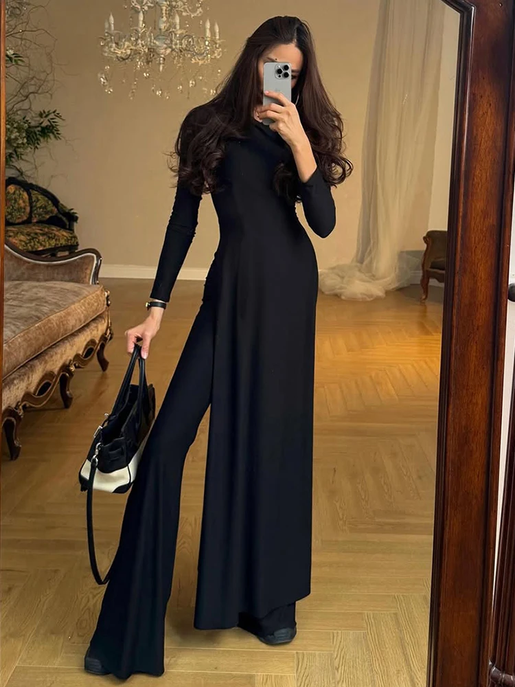 

Weird Puss Casual Elegant 2 Piece Set Women o-Neck Skinny High Splits Maxi Dress+Solid Straight Pants Daily Simple Fashion Suit