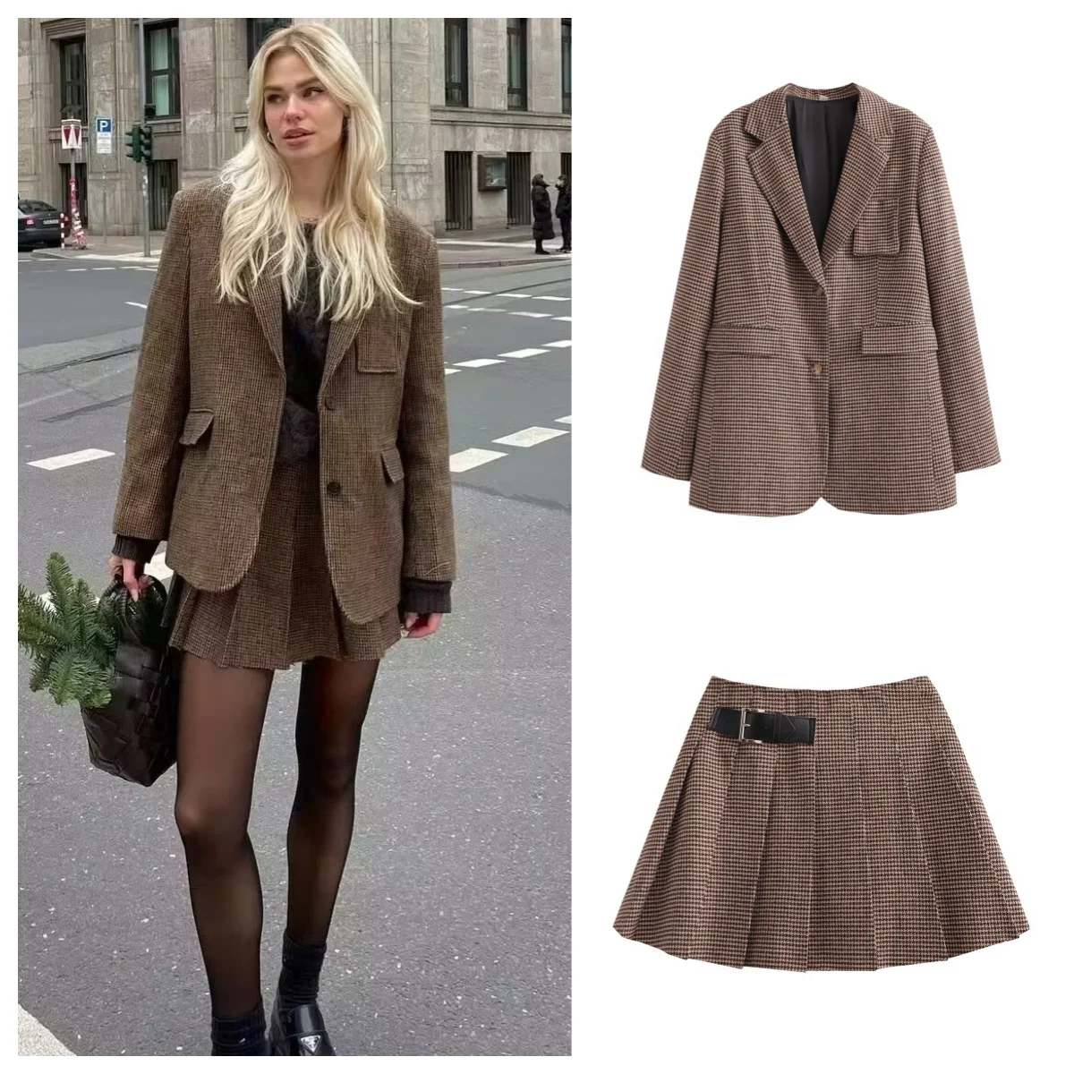 PB&ZA 2023 Autumn New Loose and Slim Suit Coat Leather Buckle Decoration Wide Pleated Skirt Pants Two Piece Set