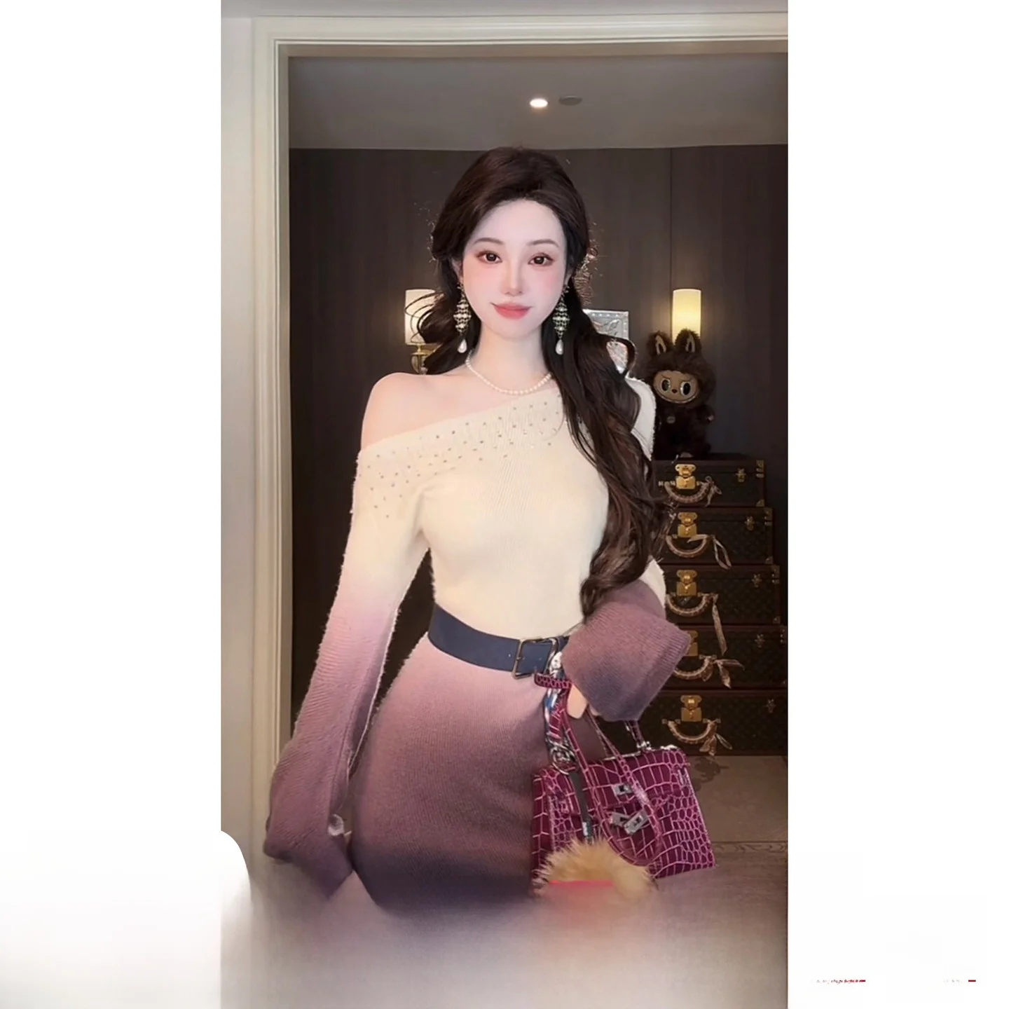 

Sy adient Purple oulder Bared Woolen Knitted Dr Loose Fit Long Sve round Ne mid Length for Autumn Winter