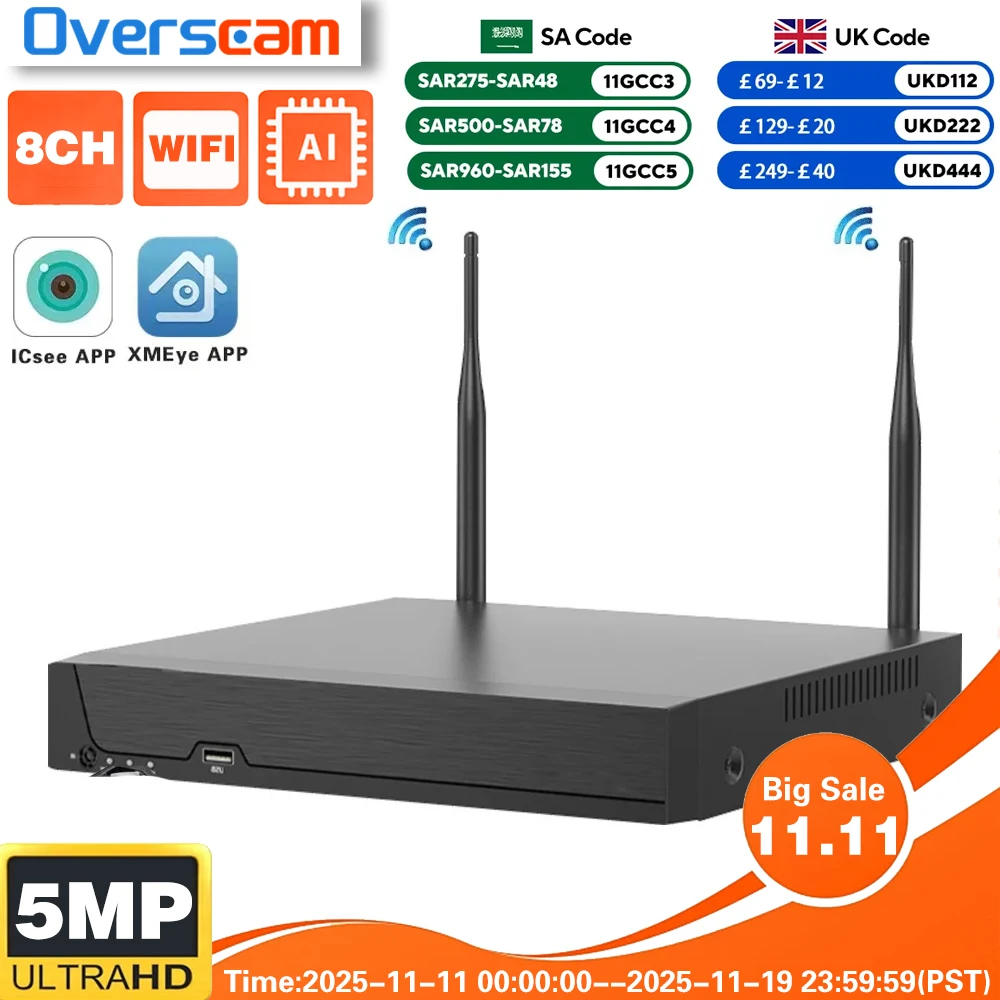 

8CH 5MP WIFI Xmeye Wireless Network Video Recorder Support Human Detection Support 4TB Hard Drive Monitoring ICsee Security NVR