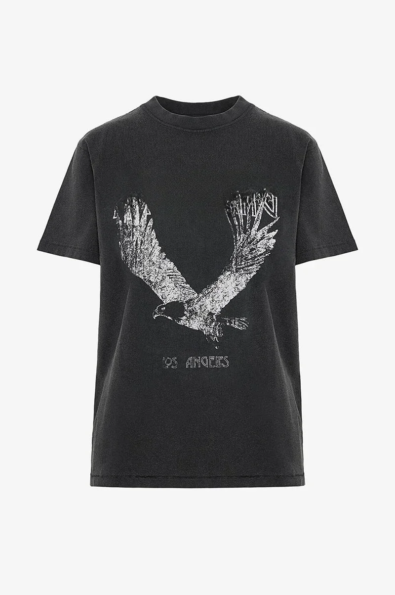 Summer New North American Niche AB Eagle Print Fried Snow Fried Color Wash Water Women's Black Short-sleeved T-shirt