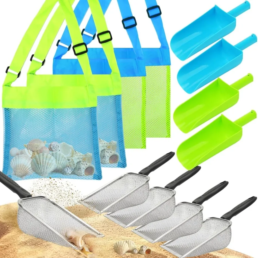 12 pacote de brinquedos peneira de areia de praia conjunto 4 pçs peneira de dente de tubarão 4 pçs pá de areia de plástico pá de malha de praia com 4 saco de armazenamento de concha