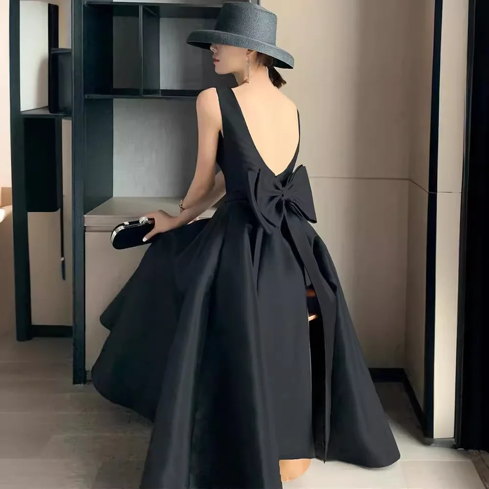 Black Evening Dress Sexy Backless Big Bow Suspender Satin Ceremonial Dress High-end Elegant Temperament Ball Dress 2024 New