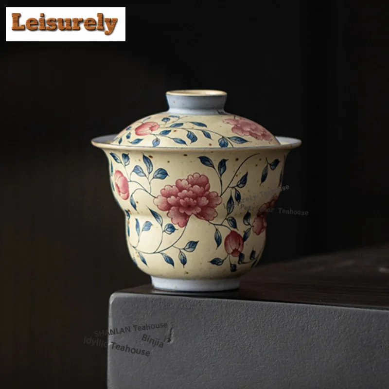 

125ML Caramel Glaze Peony Gourd Gaiwan Boutique Tea Tureen Tea Bowl with Lid Kit Tea Maker Cover Bowl Tea Items Ornaments