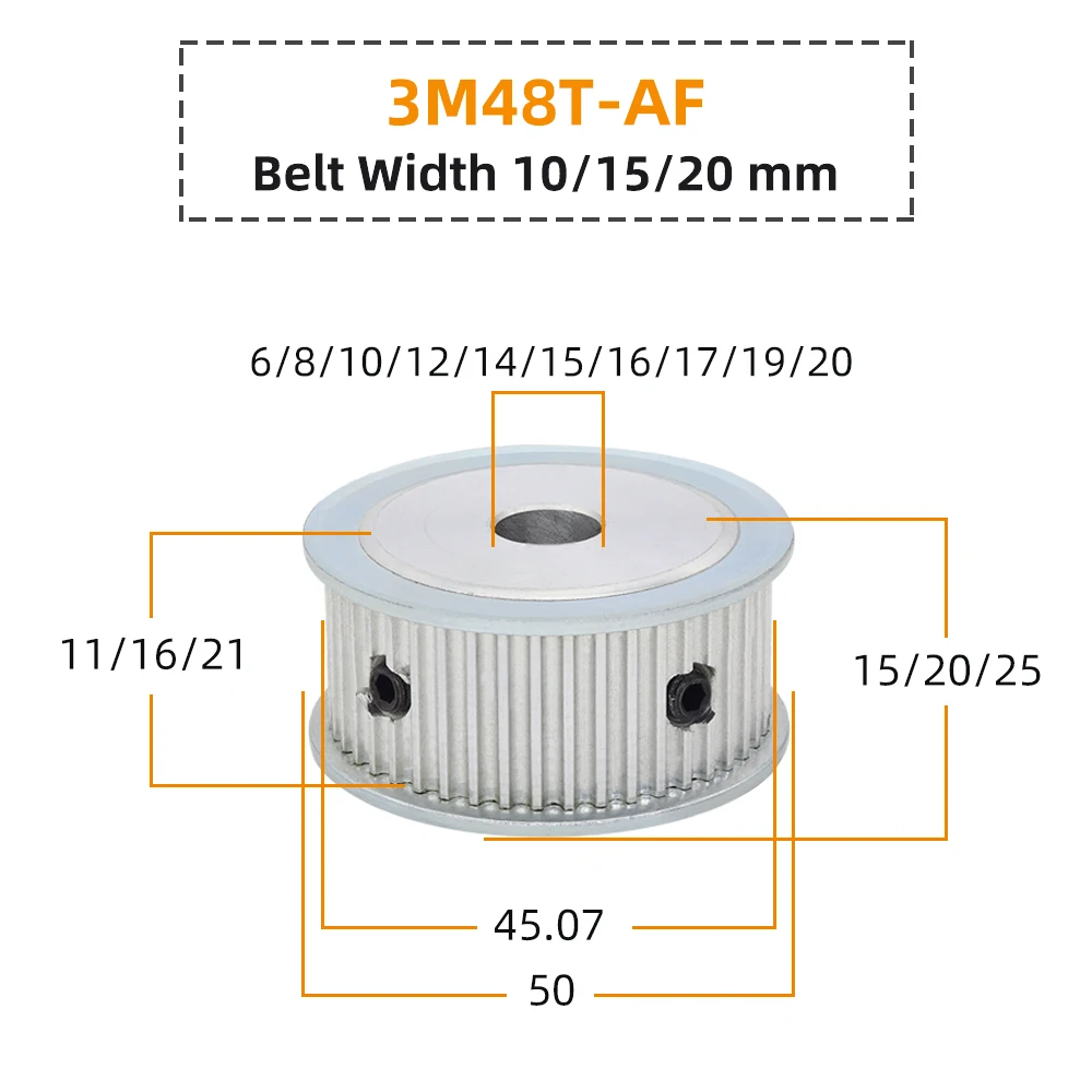 Motor Pulley 3M48T  48Teeth Circle-arc Teeth Bore 5-26 mm Aluminum Pulley Pitch 3 mm Rubber Belt Width 10/15/20 mm HTD3M 48T