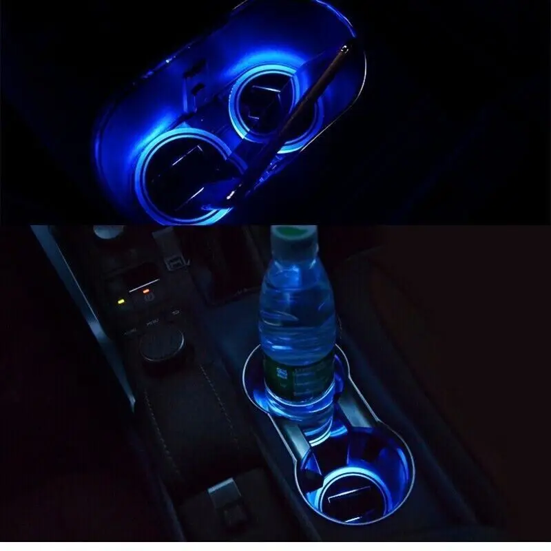 2 Pcs Solar LED Lights Car Cup Holder Mat Cup Pad Drinks Coaster Blue Car Accessories