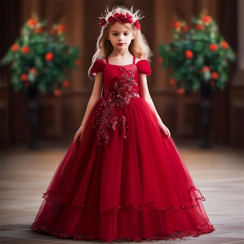 Teens Girls Dresses for Wedding Evening Kids Appliques Flower Princess Birthday Party Long Gown Girls Vestidos Banquet Dress