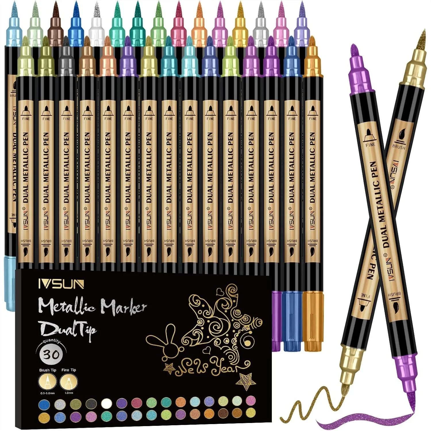 

30 Colors Metallic Marker Pens Dual Tip Acrylic Paint Markers for Black Paper, Scrapbooking, Rock Painting, Glass, Wood, Card