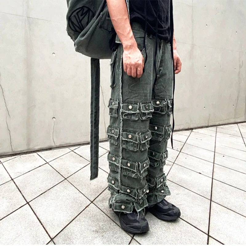 

Multi-Pocket Design Distressed Dirty Wash Men's Wide Leg Pants Trousers Women's Pants