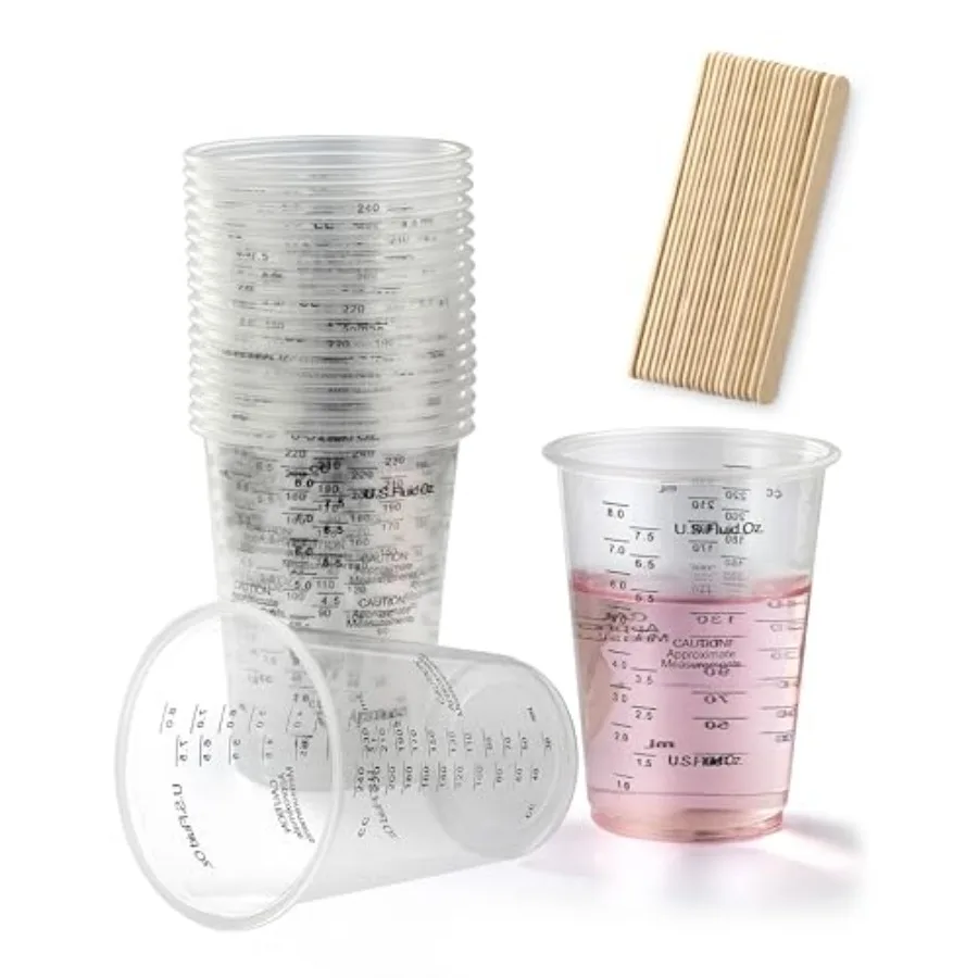 

20pcs 8oz Graduated Clear Plastic Measuring Mixing Cups with 20pcs Wooden Stirring Sticks for Mixing Paint Pigments Epoxy Resin