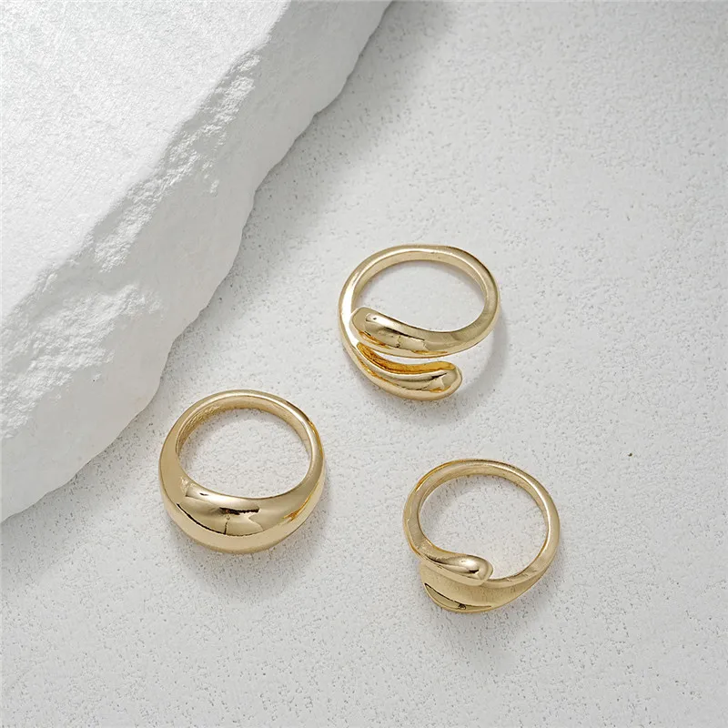 3Pcs/Set Gold Color Smooth Geometric Open Rings Set For Women Exaggerated Metal Irregular Thick Chunky Ring Jewelry Gift