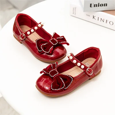 Pearl Bow Line with Girls Round Toe Leather Shoes Burgundy/black, Girls 2024 Spring Sweet PU Leather Shoes, Size 24-33