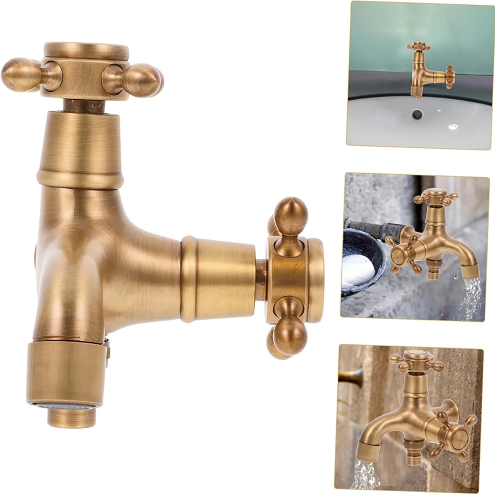 Brass Wall Mount Faucet, Dual Outlet Cold Tap with Double Handles, for Mop Sink, Washing Machine, Balcony Courtyard Outdoor Use