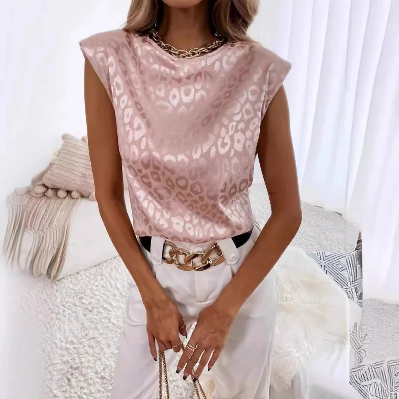 

Round Neck Leopard Print Jacquard Women'sTT-shirt Loose Casual Satin Short Sleeve European and American New Women's Clothing2025