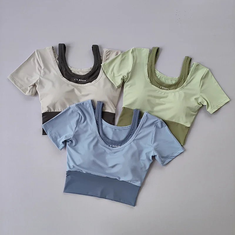 

Fake two-piece sports short sleeved women's summer breathable fitness top with bra, fast drying tight short dance yoga clothes