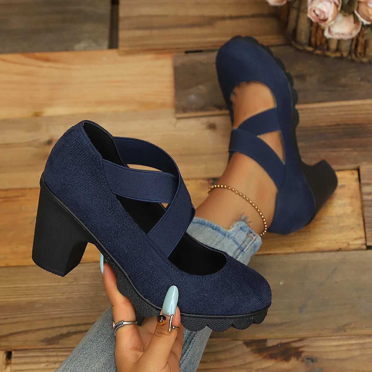 Women Mary Jane Shoes  Shallow Large Size High Heel Pumps Cross Elastic Strap Chunky High Heels Shoes Platform Dress Party Shoes