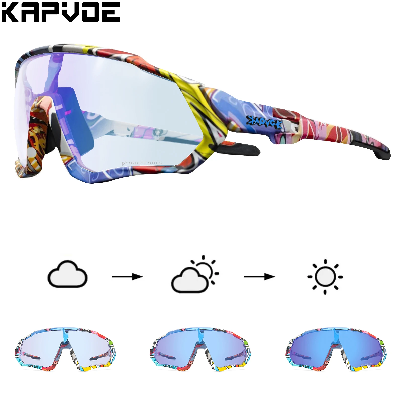 Kapvoe Cycling Glasses Photochromic Bicycle Goggles Outdoor Sports Cycling Sunglasses Built-in Myopia Frame UV400 Bike Eyewear