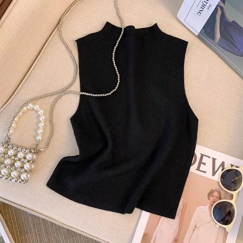 

Женская однотонная водолазка с подтяжками внутри, Сексуальная футболка, майка, жилет, вязаный свитер, топ без рукавов