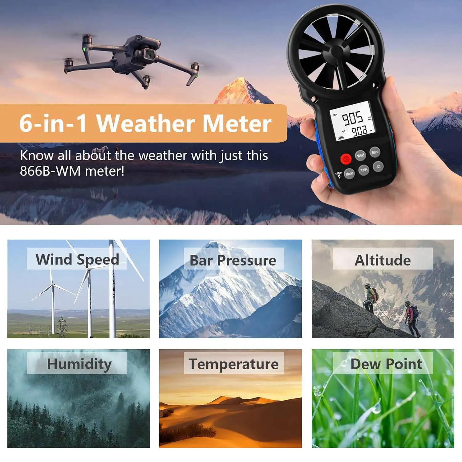 

Digital Anemometer Barometer Handheld, Wind Speed CFM Meter for Wind Velocity, Temperature, Humidity, Wind Chill, Altitude