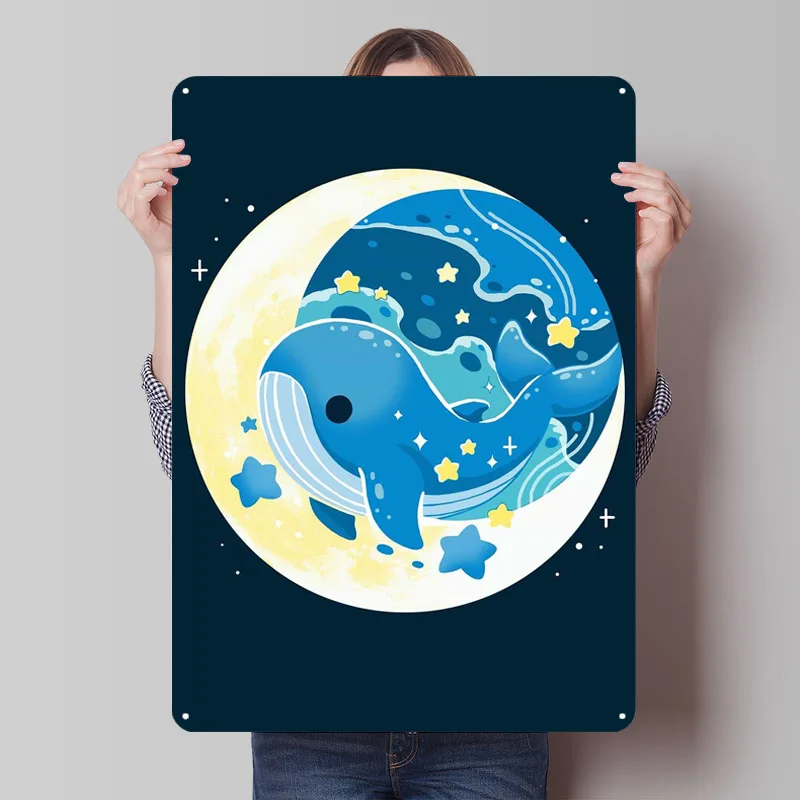 الحوت والقمر الكرتون التوضيح علامات معدنية الحيوان المشارك ديكورات المنزل غرفة المعيشة الديكور المعادن خمر الملصقات بار #1