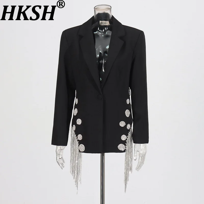 

HKSH Spring Autumn New Women Blazer Elegant Single Button Studded Diamonds Tassels Slim Fit Luxury Coat High-End Jackets HK17414